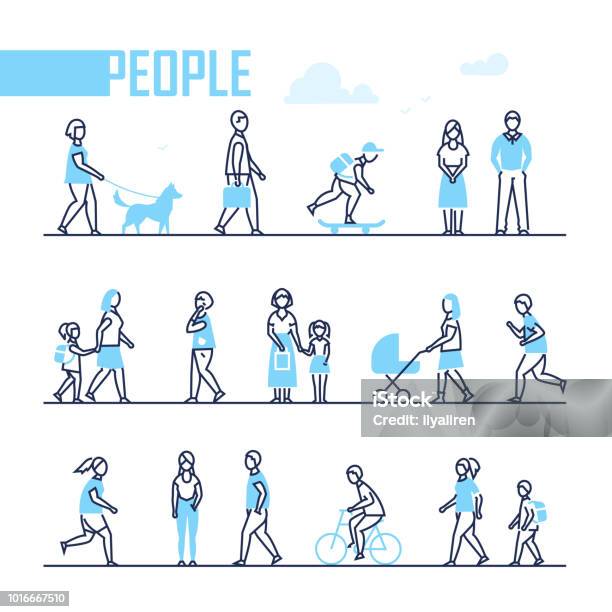 Persone Set Di Caratteri In Stile Line Design - Immagini vettoriali stock e altre immagini di Persone - Persone, Line Art, Camminare