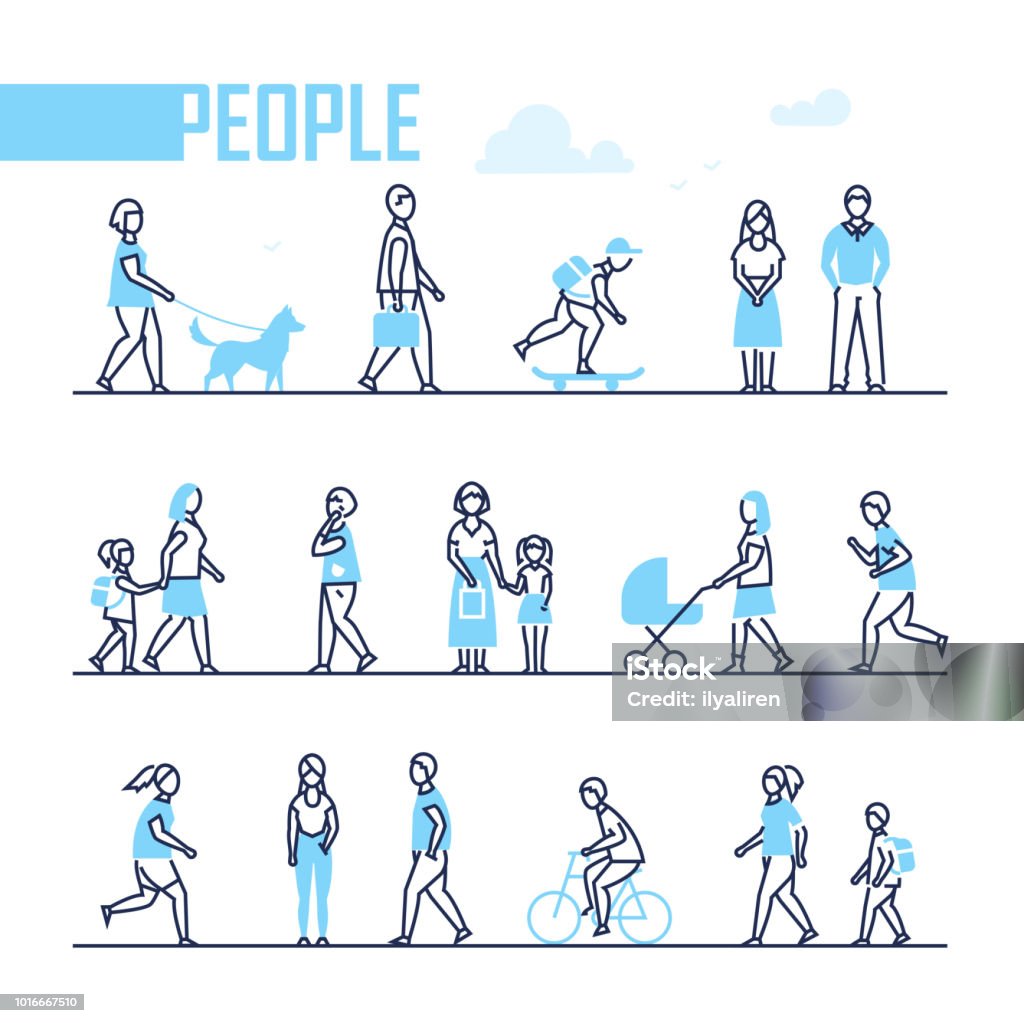 People - set of line design style characters People - set of line design style characters isolated on white background. Active citizens run, jog, walk with a dog, cycle, go to work or school, speak on the phone. Children, workers, sportsmen People stock vector