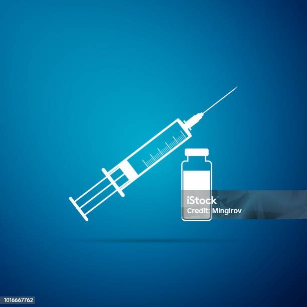 Medical Syringe With Needle And Vial Icon Isolated On Blue Background Concept Of Vaccination Injection Flat Design Vector Illustration Stock Illustration - Download Image Now