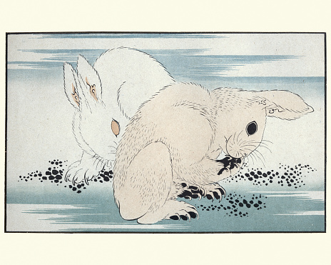 Vintage engraving of Japanesse Art, Hares by Hokusai. Katsushika Hokusai (1760 to 1849) was a Japanese artist, ukiyo-e painter and printmaker of the Edo period.