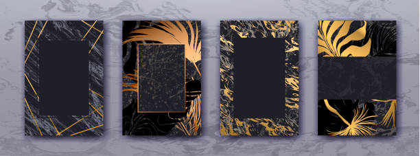 istock Wedding invitation with Gold palm leaves, black marble template. 1016682114