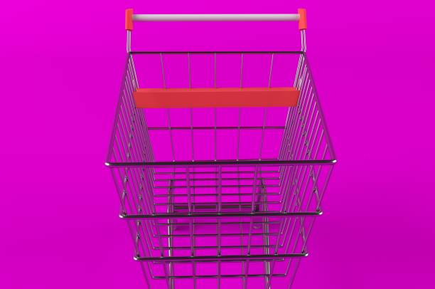 Empty metal shopping cart on pink background. 3d rendering. Business concept