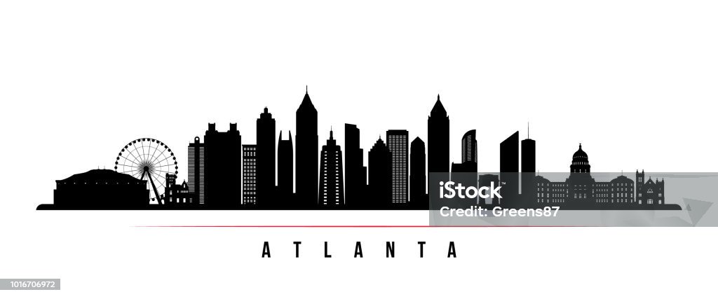 Bannière horizontale du skyline ville Atlanta. Noir et blanc la silhouette de la ville d’Atlanta, USA. Modèle de vecteur pour votre conception. - clipart vectoriel de Atlanta libre de droits