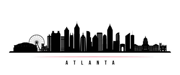 ilustrações, clipart, desenhos animados e ícones de atlanta cidade horizonte banner horizontal. preto e branco a silhueta da cidade de atlanta, eua. modelo de vetor para seu projeto. - usa