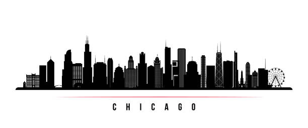 ilustraciones, imágenes clip art, dibujos animados e iconos de stock de banner horizontal del horizonte de la ciudad de chicago. blanco y negro silueta de la ciudad de chicago, estados unidos. plantilla de vectores para su diseño. - chicago