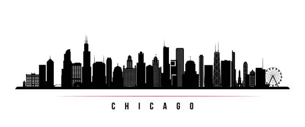 Vector illustration of Chicago city skyline horizontal banner. Black and white silhouette of Chicago city, USA. Vector template for your design.