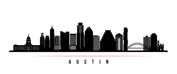 austin stadt skyline horizontale banner. schwarz / weiß silhouette der stadt austin, usa. vektor-vorlage für ihr design. - austin texas stock-grafiken, -clipart, -cartoons und -symbole