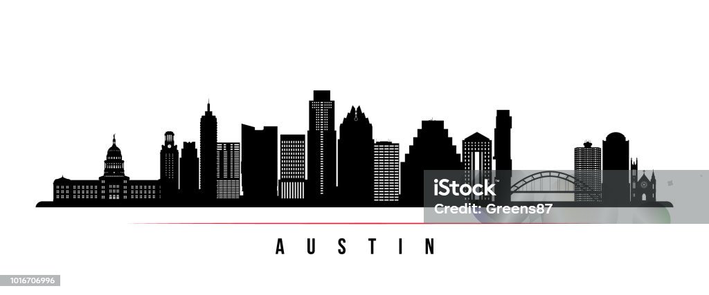 Austin city skyline horizontal banner. Black and white silhouette of Austin city, USA. Vector template for your design. Austin - Texas stock vector