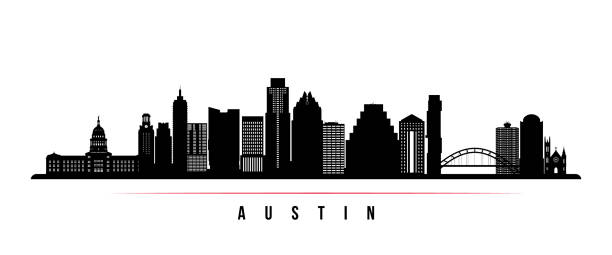Austin city skyline horizontal banner. Black and white silhouette of Austin city, USA. Vector template for your design. Austin city skyline horizontal banner. Black and white silhouette of Austin city, USA. Vector template for your design. bridge silhouette vector isolated stock illustrations