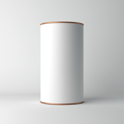 White cardboard Tin Can packaging Mockup with metal copper lid. Tea, coffee, dry products, gift box. 3d rendering