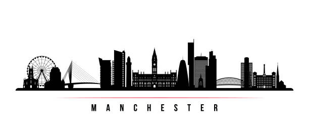 ilustraciones, imágenes clip art, dibujos animados e iconos de stock de banner horizontal del horizonte de la ciudad de manchester. blanco y negro silueta de la ciudad de manchester, reino unido. plantilla de vectores para su diseño. - corridor built structure house facade