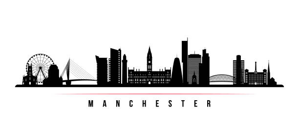 맨체스터 시티 스카이 라인 수평 배너입니다. 맨체스터 시티, 영국의 그림자는 흑인과 백인. 디자인을 위한 벡터 템플릿입니다. - manchester city stock illustrations
