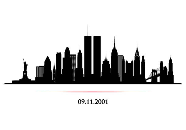 skyline von new york city mit zwillingen turm. world trade center. 09.11.2001 american patriot day geburtstag banner. vektor-illustration. - world trade center manhattan stock-grafiken, -clipart, -cartoons und -symbole