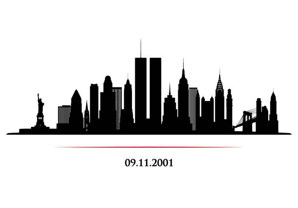 쌍둥이 타워와 뉴욕시의 스카이 라인. 세계 무역 센터입니다. 09.11.2001 미국 애국 자 일 주년 배너. 벡터 일러스트입니다. - new york city manhattan office building new york state stock illustrations