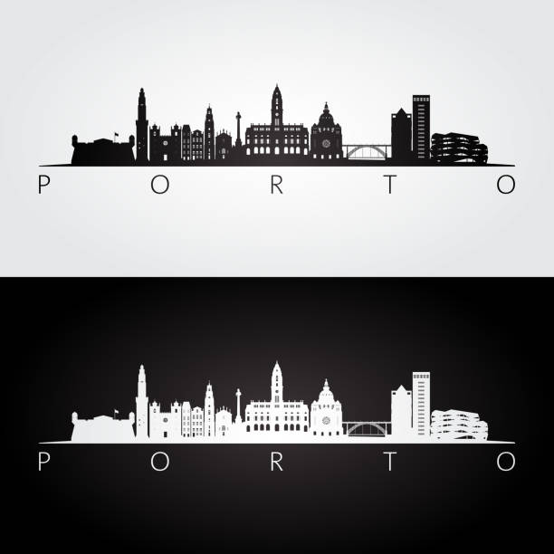 ilustrações de stock, clip art, desenhos animados e ícones de porto skyline and landmarks silhouette, black and white design, vector illustration. - portugal turismo