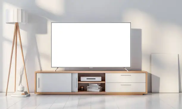 Smart Tv Mockup on console in white modern living room. 3d rendering