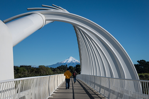 Mount Taranaki framed by Te Rewa Rewa Bridge in New Plymouth New Zealand