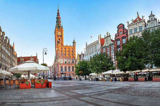 Gdansk Town Hall located on Dluga street (Long lane) in old town of Gdansk, Poland
