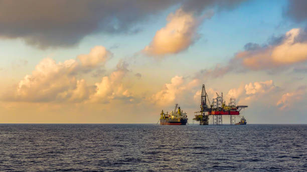 fpso and drilling rig in offshore oil fields - crane oil well derrick crane floating oil production platform imagens e fotografias de stock