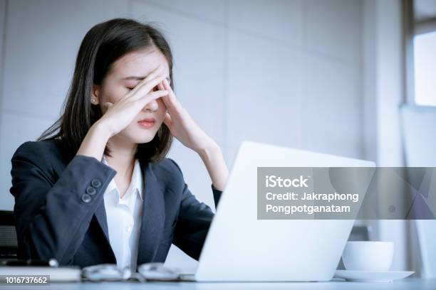 Asian Business Woman Headache Stressed Because Of Work Mistake Problems About Profit Losses To Be Risk For Fired From Her Job Stock Photo - Download Image Now