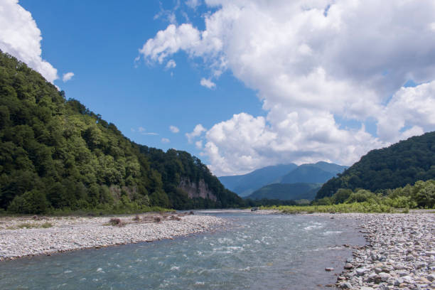 istock wild river flowing between green mountains on a clear summer day 1016737758