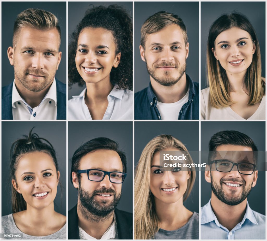 Collage of portraits ethnically diverse business people. Collage of portraits of an ethnically diverse young business people. Headshot Stock Photo