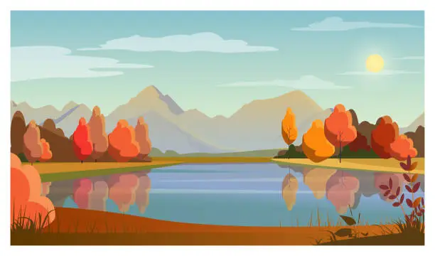 Vector illustration of Landscape with lake, trees, sun and mountains in background