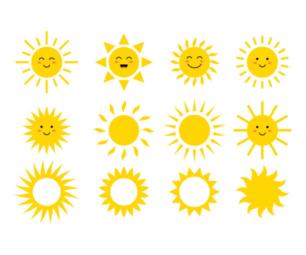 illustrations, cliparts, dessins animés et icônes de ensemble des suns. soleils mignons. visages jaunes. emoji. émoticônes de l’été. illustration vectorielle - lumière du soleil