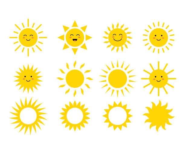 ilustrações, clipart, desenhos animados e ícones de conjunto dos sóis. sóis de bonitos. rostos de amarelos. emoji. emoticons de verão. ilustração vetorial - backgrounds sunbeam horizontal spring