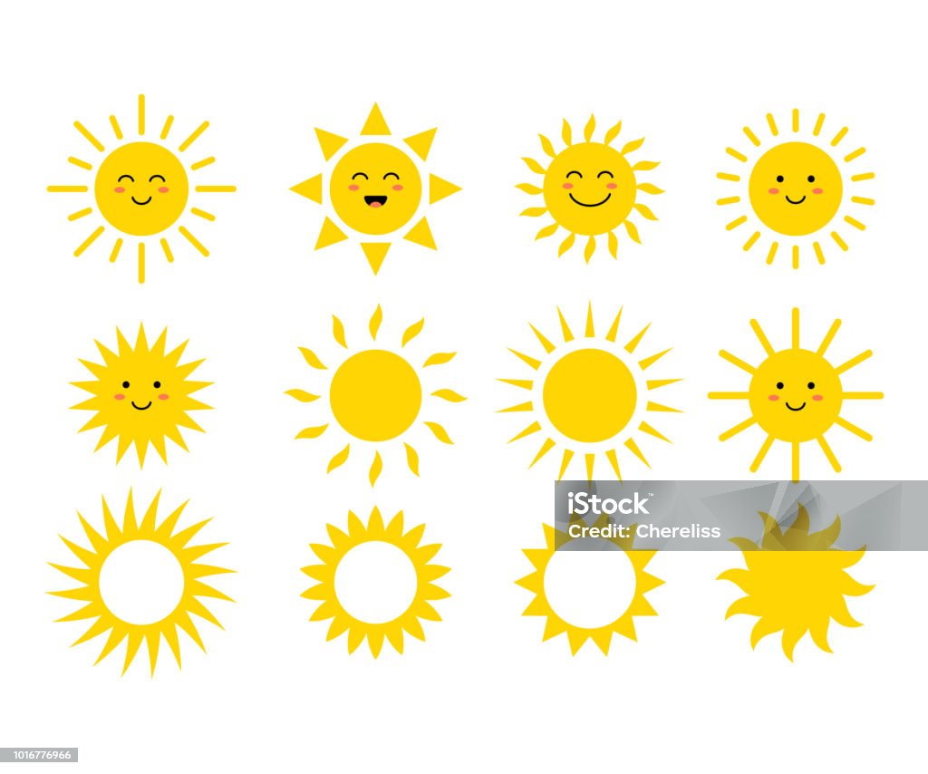 Set of the suns. Cute suns. Yellow faces. Emoji. Summer emoticons. Vector illustration Set of the suns. Cute suns. Yellow faces. Emoji. Summer emoticons. Vector illustration isoalted on white background. Sun stock vector