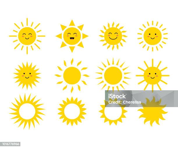 Set Of The Suns Cute Suns Yellow Faces Emoji Summer Emoticons Vector Illustration Stock Illustration - Download Image Now