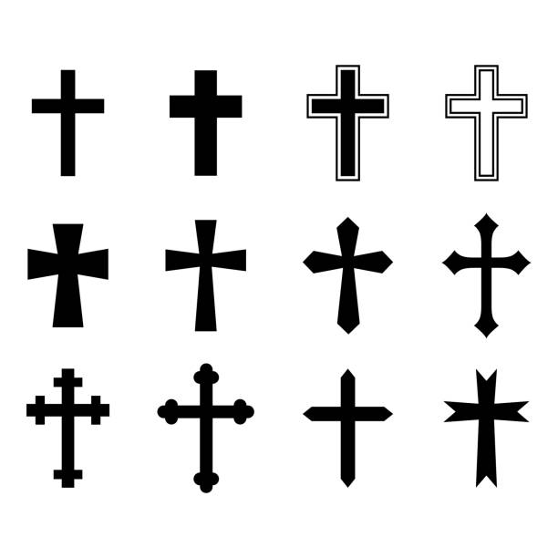 ilustraciones, imágenes clip art, dibujos animados e iconos de stock de conjunto de cruces negras. cruz cristiana. colección de iconos. ilustración de vector - cross shape