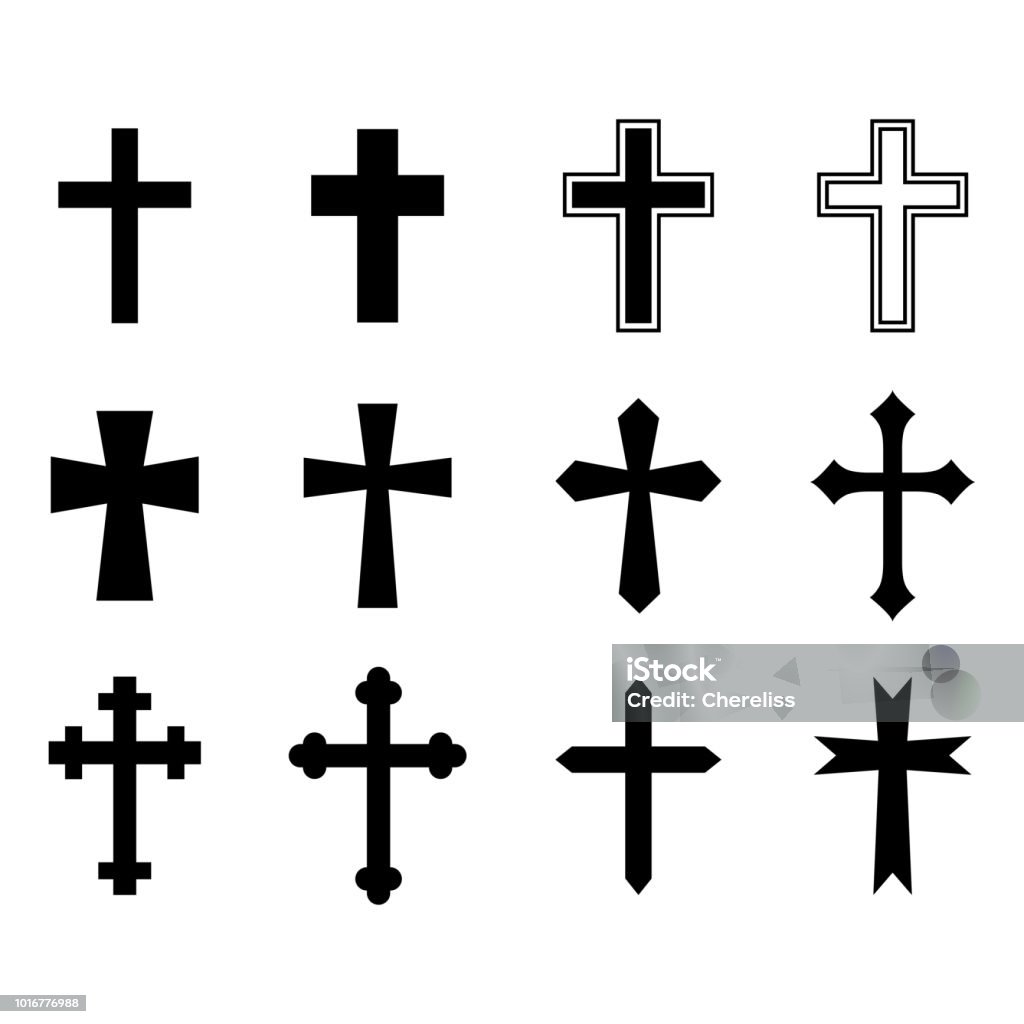 검은 십자가의 집합입니다. 기독교 십자가입니다. 아이콘 모음입니다. 벡터 일러스트 레이 션 - 로열티 프리 십자가 벡터 아트