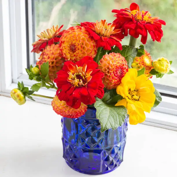 Home style fall bouquet with garden flowers.