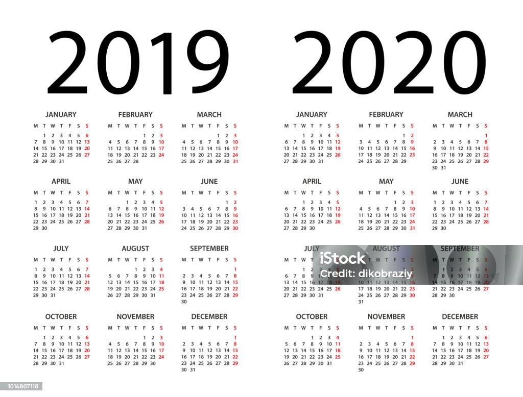 Calendar 2019 2020 - illustration. Week starts on Monday Calendar 2019 2020 year - vector illustration. Week starts on Monday Calendar stock vector