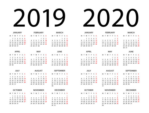 Calendar 2019 2020 - illustration. Week starts on Monday Calendar 2019 2020 year - vector illustration. Week starts on Monday 2019 stock illustrations