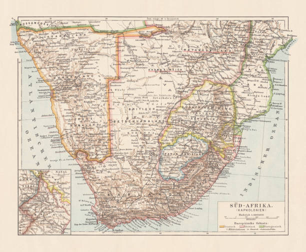 Topographic map of South Africa and Namibia, lithograph, published 1897 Topographic map of South Africa during the Dutch and British colonial era as well as Namibia (Deutsch-Südwestafrika) during the German colonial era at the end of the 19th century. Lithograph, published in 1897. cape peninsula stock illustrations