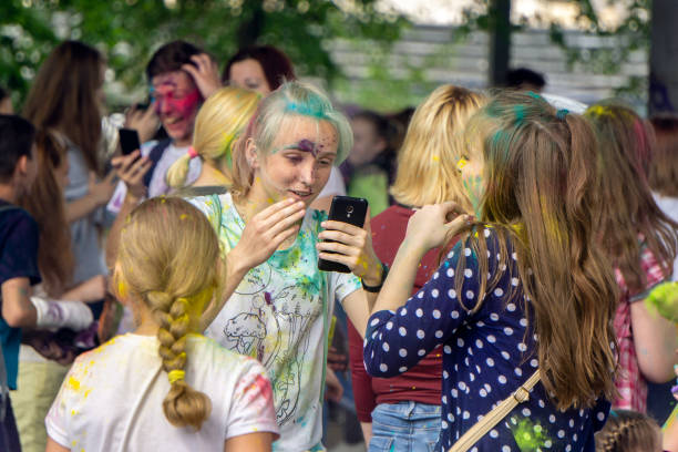 Young girls at the holi colors festival in Russia stock photo