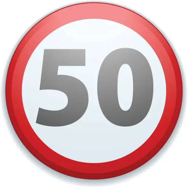 Vector illustration of Restricting speed to 50 kilometers per hour traffic button