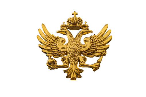 Golden Russian coat of arms on a white background. Coat of arms of Russia is the official state symbol of the Russian Federation and Russian Empire in history.
