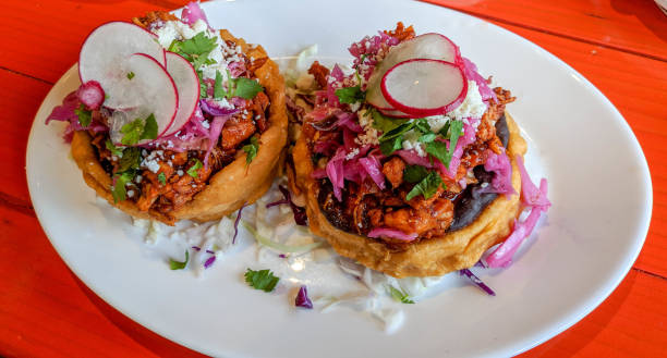 Chicken Sopes On White Plate stock photo