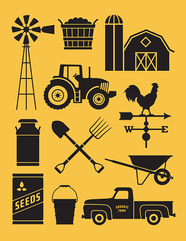 Realistic and highly detailed silhouette illustrations of farm tools, buildings and vehicles.