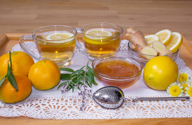 istock Two cups of tea with honey lemons and ginger root 1016940464