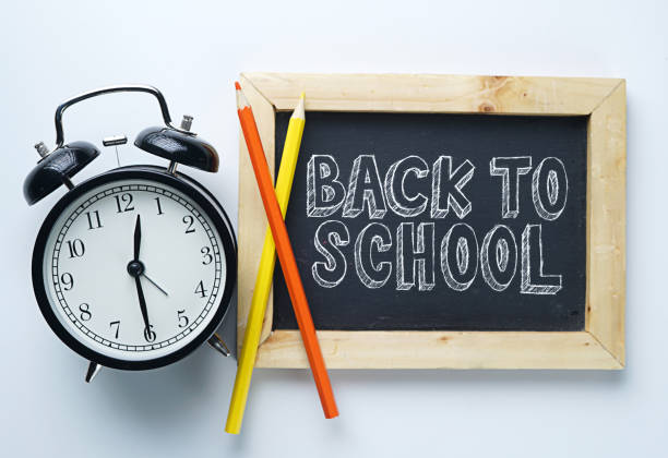 istock Back to School Text. Alarm Clock, Color Pencil and Blackboard on White Background 1016978066