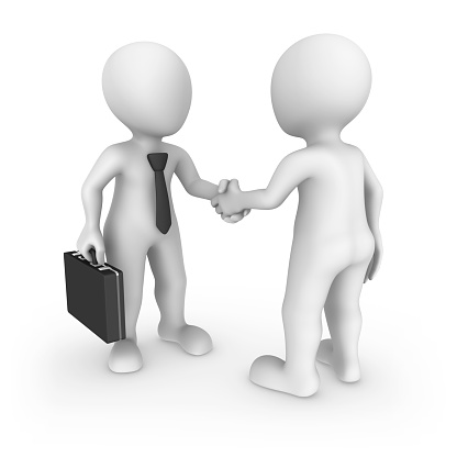 3d businessman and client shaking hands. 3d rendered illustration with small people.