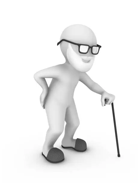 3d old man with cane and waist pain... 3d rendered illustration with small people.