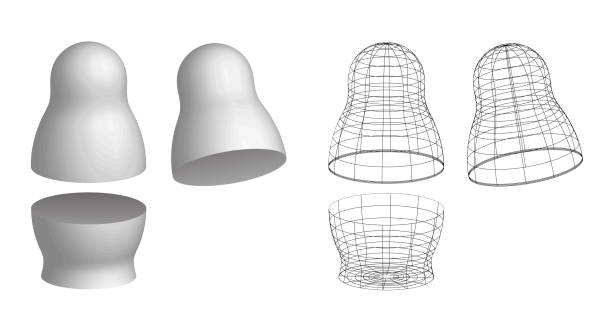 유선된 메쉬 및 빈 화이트 빈 러시아 인형 마트 이랑 중첩. 러시아의 상징입니다. 바 부 시카 장난감 기념품입니다. 3 차원 벡터 그림을 흰색 배경에 고립입니다. - russian nesting doll russia doll matrioska stock illustrations