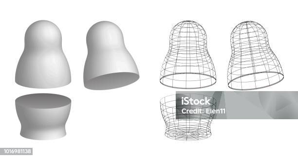 Blank White And Wired Mesh Empty Russian Nesting Doll Matryoshka Mockup Symbol Of Russia Babushka Toy Souvenir 3d Vector Illustration Isolated On White Background Stock Illustration - Download Image Now