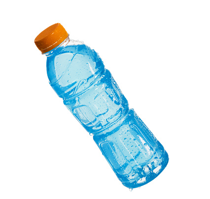 A bottle of a blue energy drink with water droplets, isolated on white background
