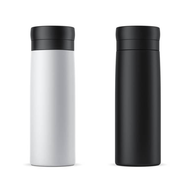 thermos da viaggio bianco e nero bianco e nero mockup isolato su bianco - insulated drink container foto e immagini stock